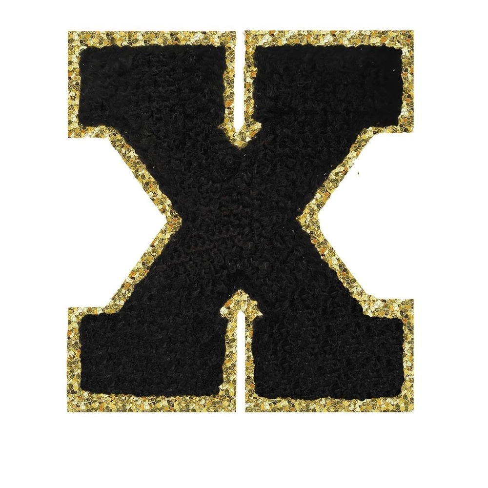 Chenille Varsity Letter X Black Gold Glitter Iron On s/3